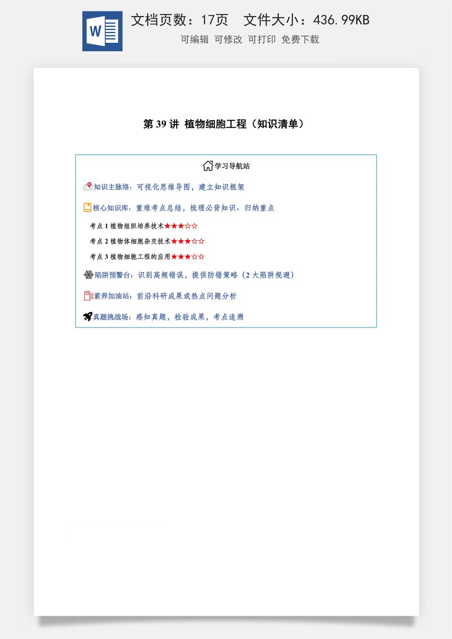 2026高考生物知识梳理第39讲 植物细胞工程（知识梳理）（全国通用）（解析版）.docx